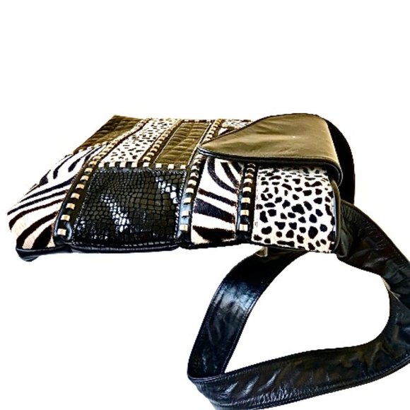 Vintage Genuine Leather Calf Hair Patchwork Shoulder Bag Mixed Prints - Picture 6 of 14